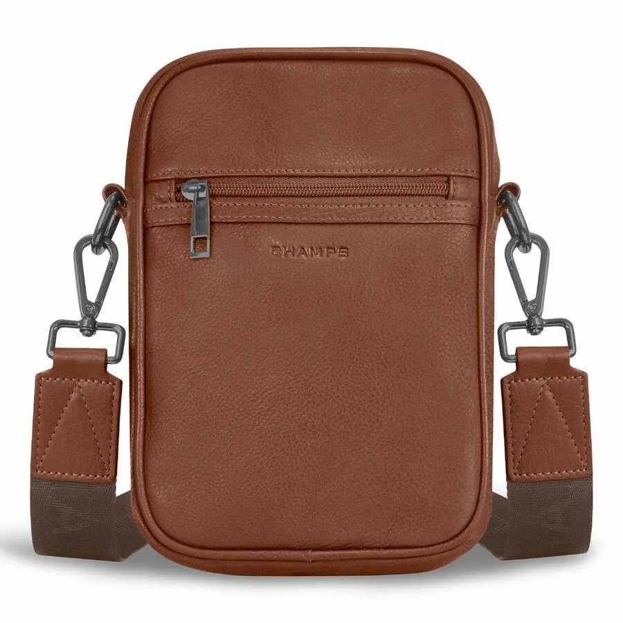 Brown top-grain leather carrying case with adjustable shoulder strap and signature lining
