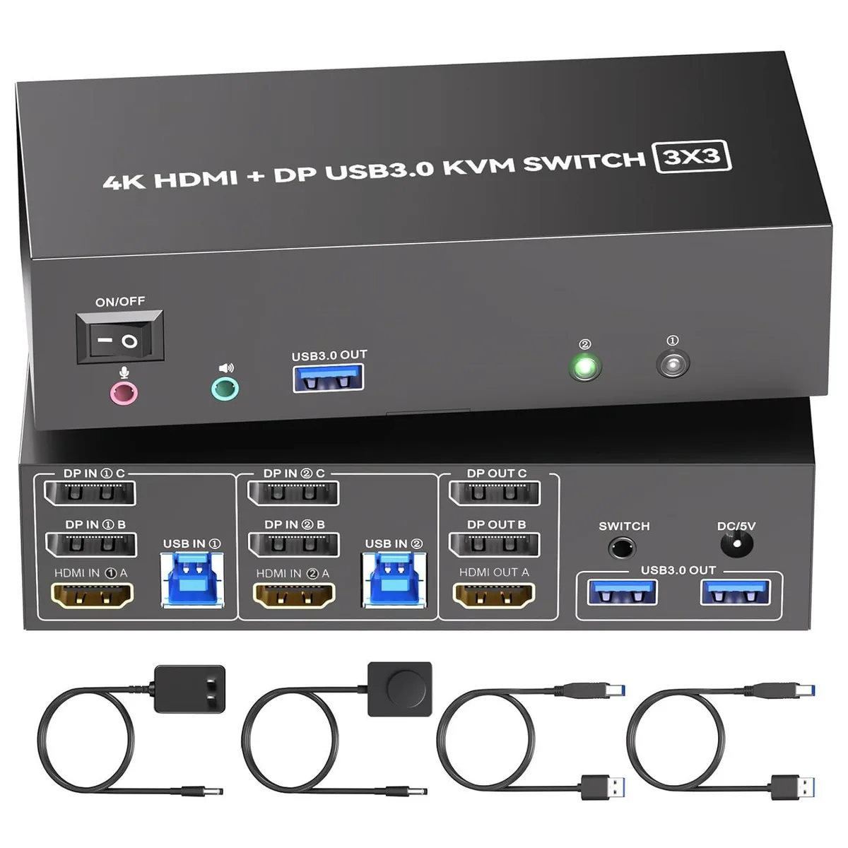 WRIARICH WRIARICH 3-Monitor 2-Computer KVM Switch HDMI + 2 DisplayPort 4K@60Hz Wired Remote — product photo