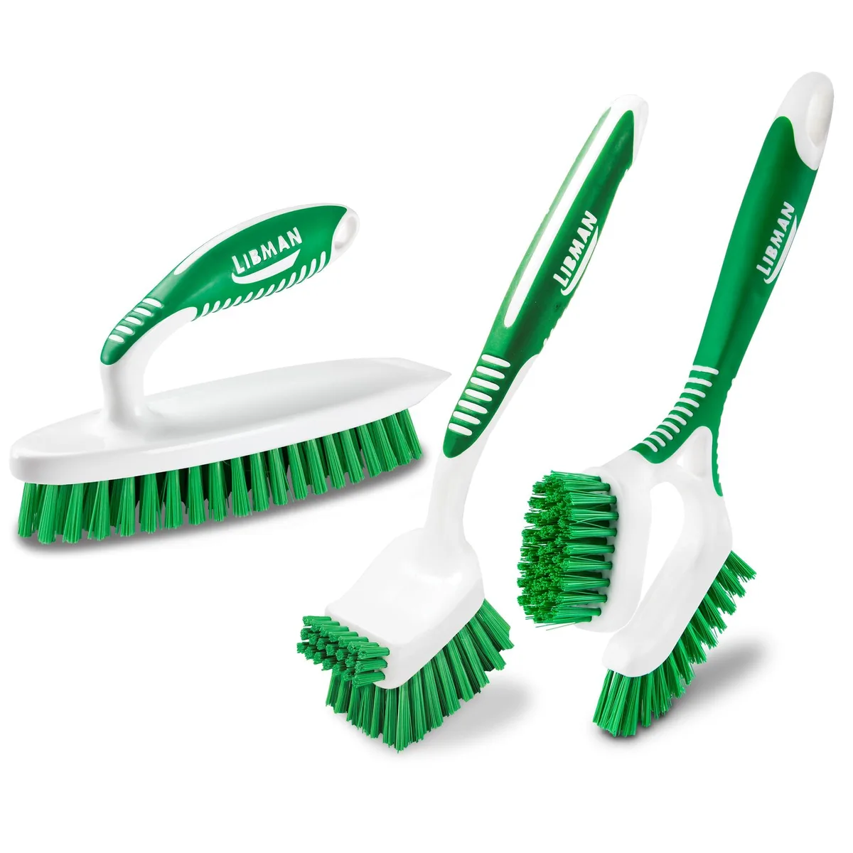 Three cleaning brushes with ergonomic handles and hanging holes