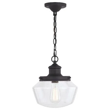 Matte black pendant with clear seeded glass shade, 10 inch diameter, adjustable chain