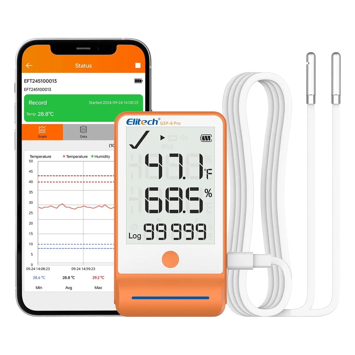White rectangular data logger with dual probes and LCD screen