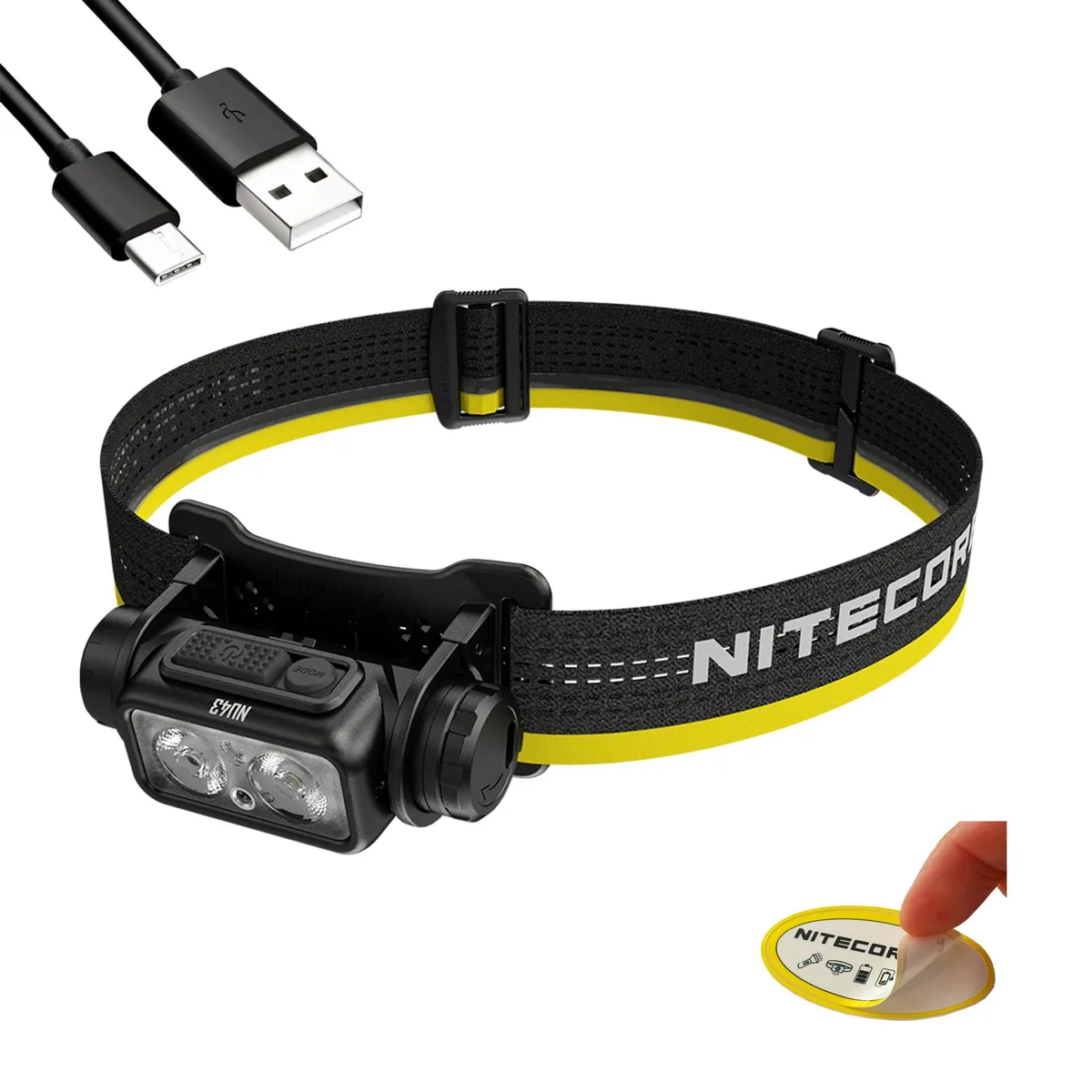 Black Kaito NU43 headlamp on fabric headband, compact rectangular body with USB-C port