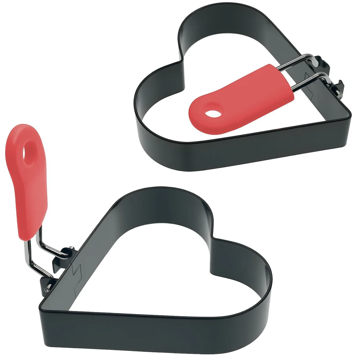 Two stainless steel heart-shaped rings with foldable silicone-covered handles, 3.54 by 3.35 by .79 inches