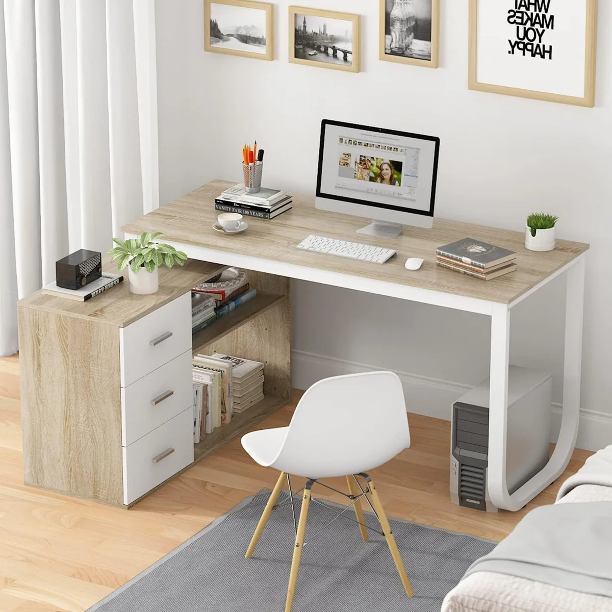 BFKK BFKK 55" L-Shaped Corner Desk with 3 Drawers &amp; 2 Shelves Walnut White — product photo