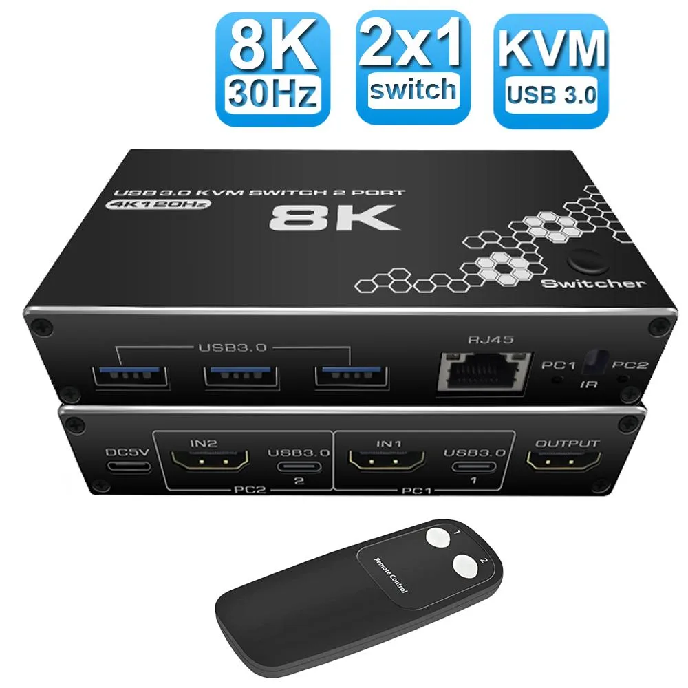 ESTONE ESTONE OZK1-New 2-Port HDMI USB KVM Switch 8K@30Hz 4K@120Hz RJ45 3×USB 3.0 — product photo