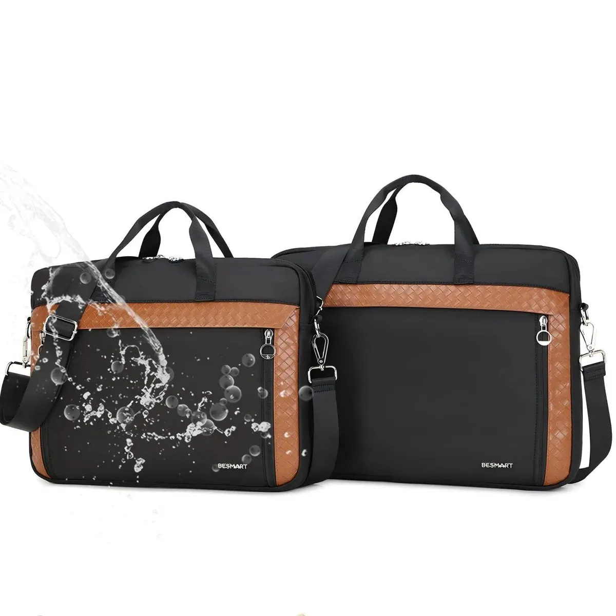 Black slim laptop briefcase with shoulder strap, padded 15.6 inch compartment, multiple zip pockets, luggage pass-through