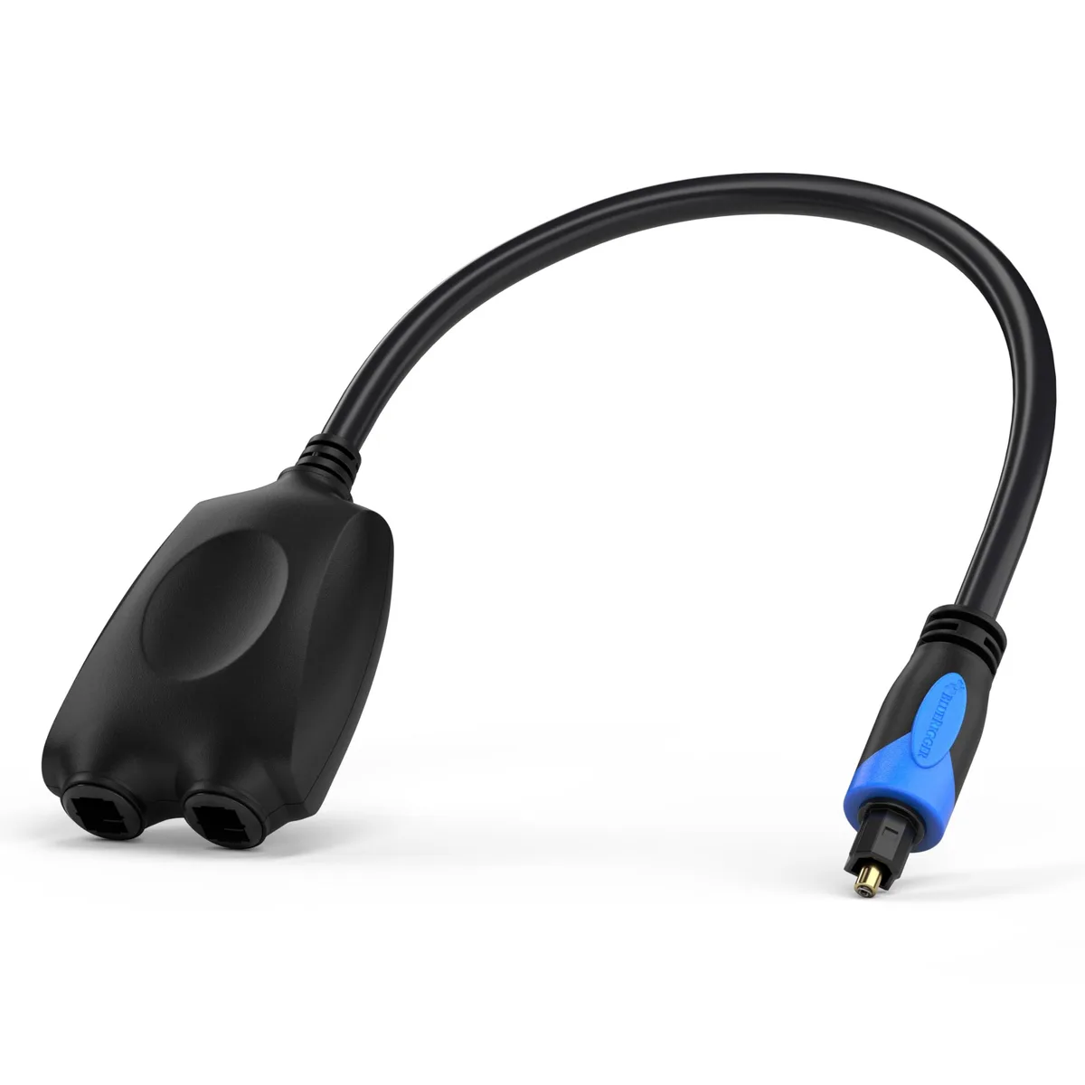 Small black plastic box with one Toslink input and two Toslink outputs