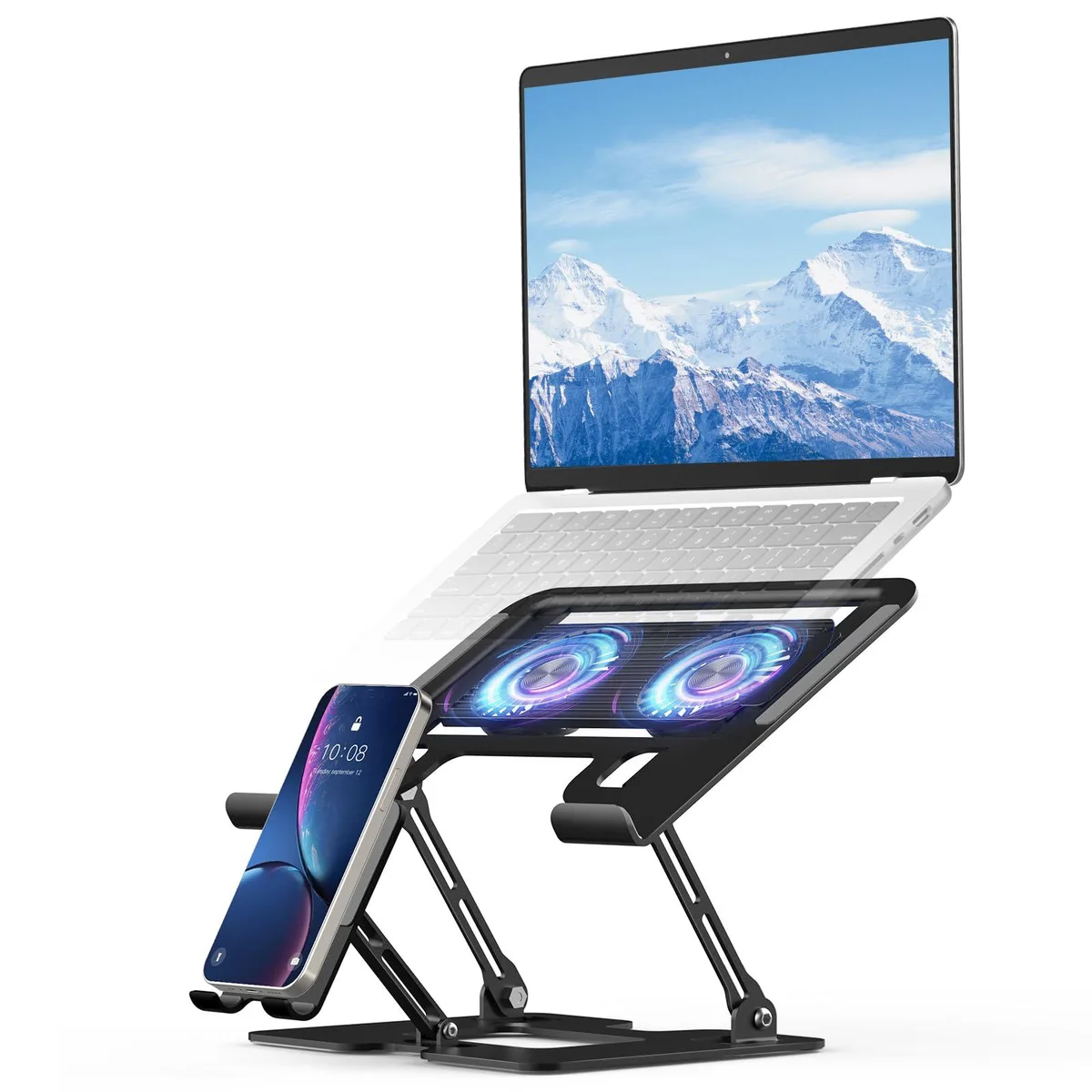 Black laptop cooling pad with two detachable fans, foldable phone holder, adjustable height and angle, RGB lighting