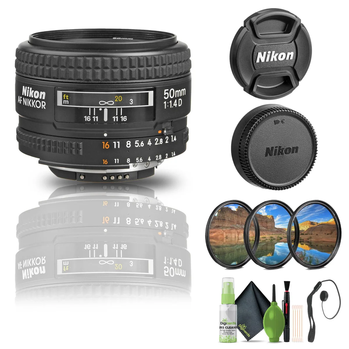Nikon Inc Nikon AF NIKKOR 50mm f/1.4D Lens (1902) Bundle with Filter Kit, Cap Keeper, Cleaning Kit — product photo