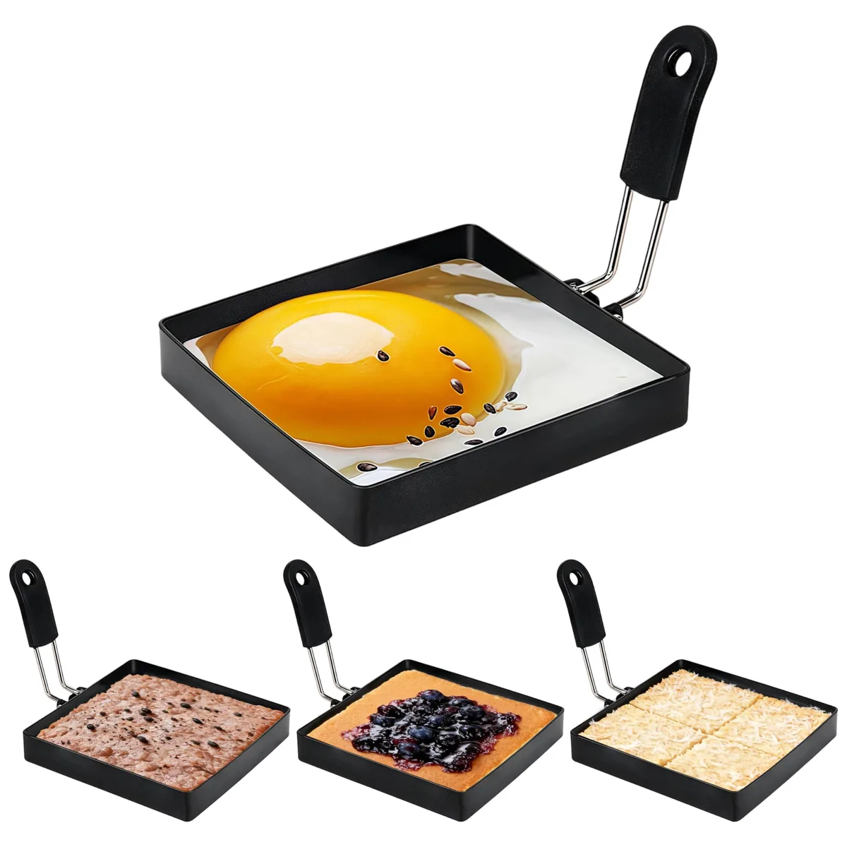 Four square stainless steel egg rings with silicone handles
