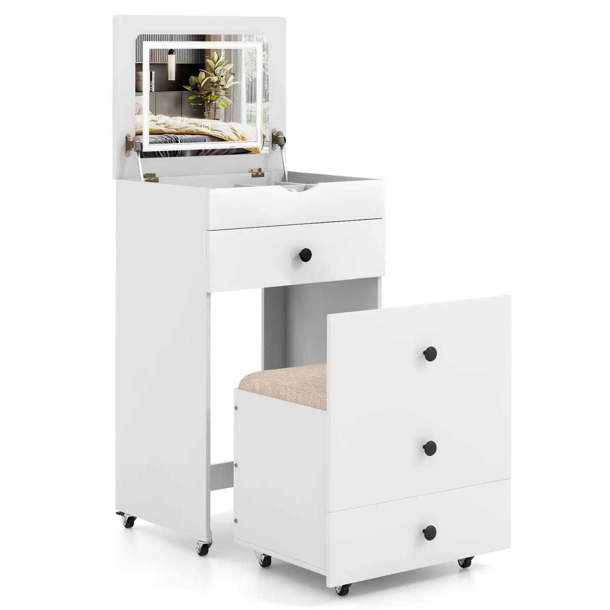 White vanity table with flip-up mirror, cushioned stool tucked underneath, linen fabric and density board construction