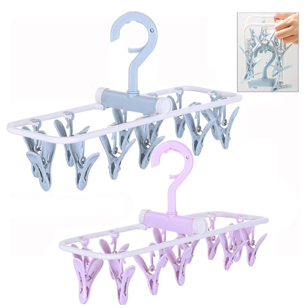 Two folding underwear hangers, blue and purple, each with twelve clips and a rotatable hook