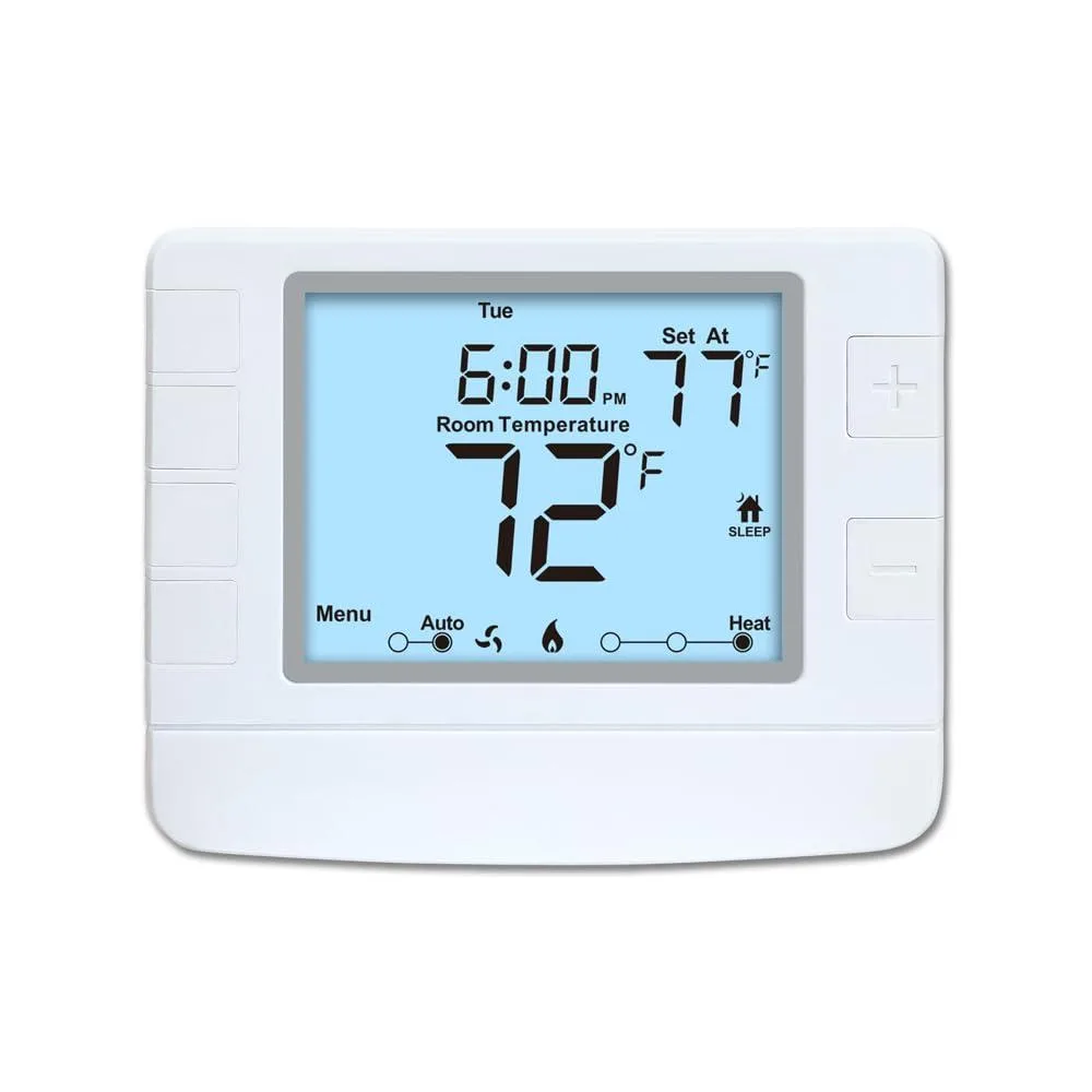 Twelve white wall-mount thermostats with large backlit displays in a bulk pack