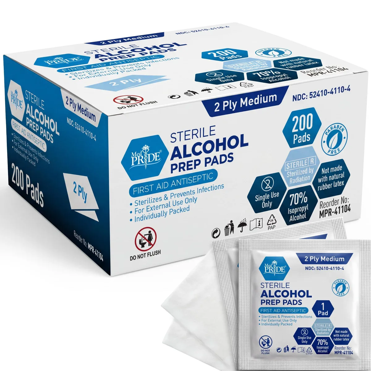 White rectangular box containing 200 individually wrapped sterile alcohol prep pads