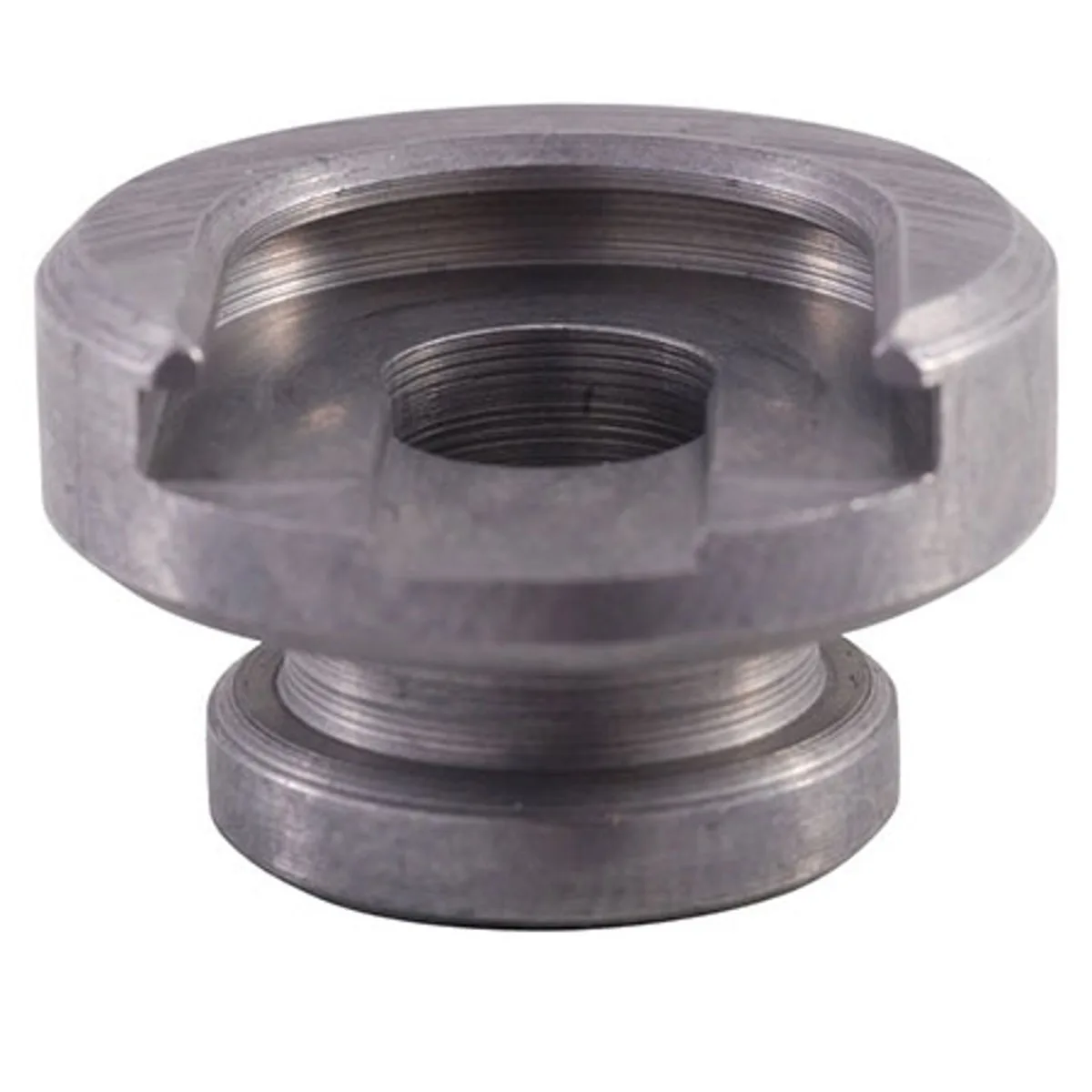 Small steel shellholder with a recessed rim, matte grey finish, marked 28 and 9228