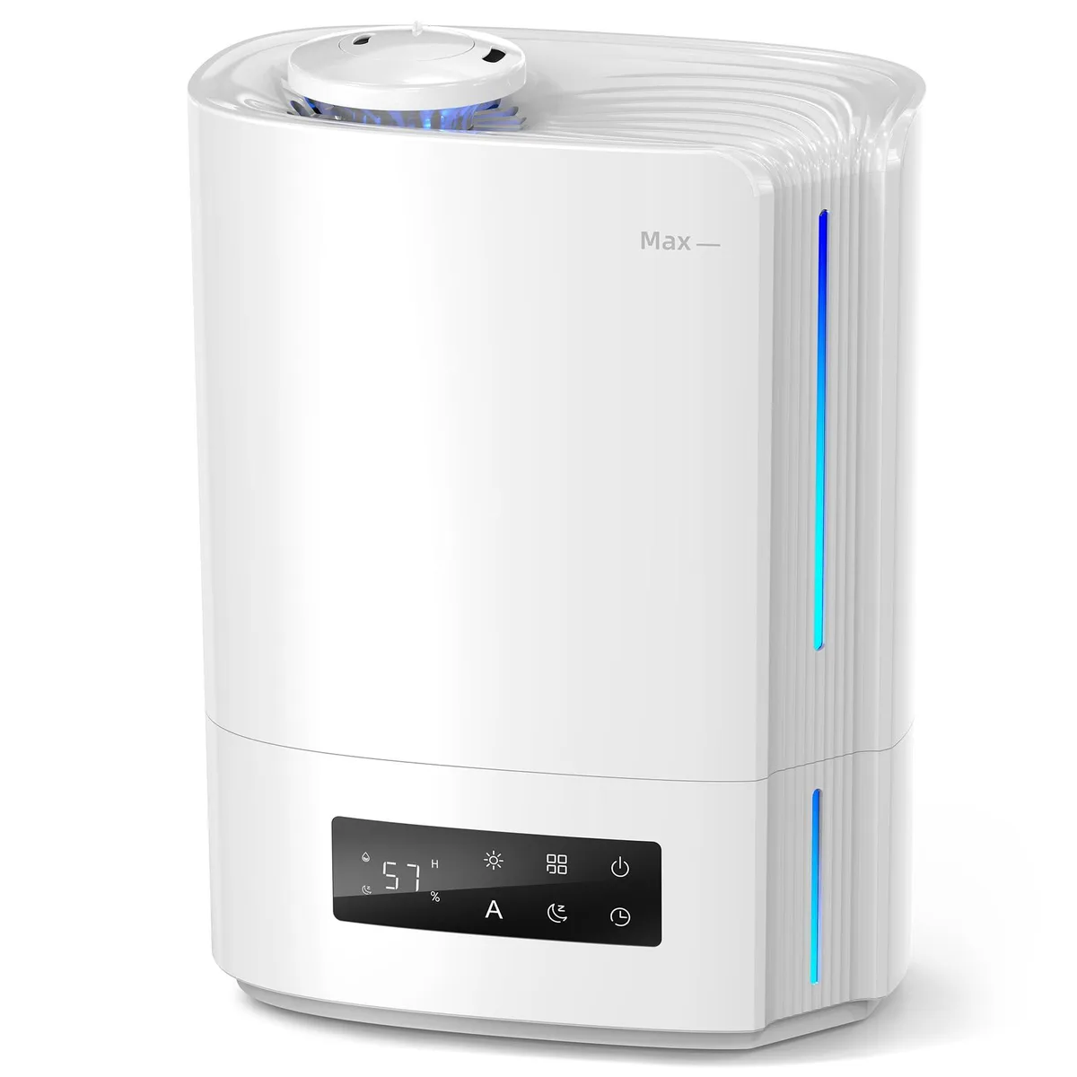 White cylindrical ultrasonic humidifier with top-fill opening and mist nozzle visible