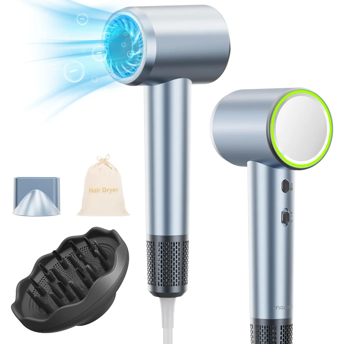 Compact blue hair dryer with magnetic diffuser and nozzle, lightweight cylindrical body, matte finish