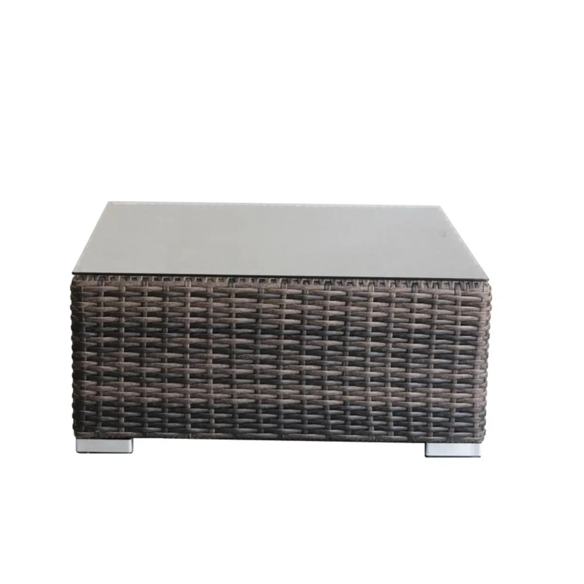 Square brown wicker table with clear glass top