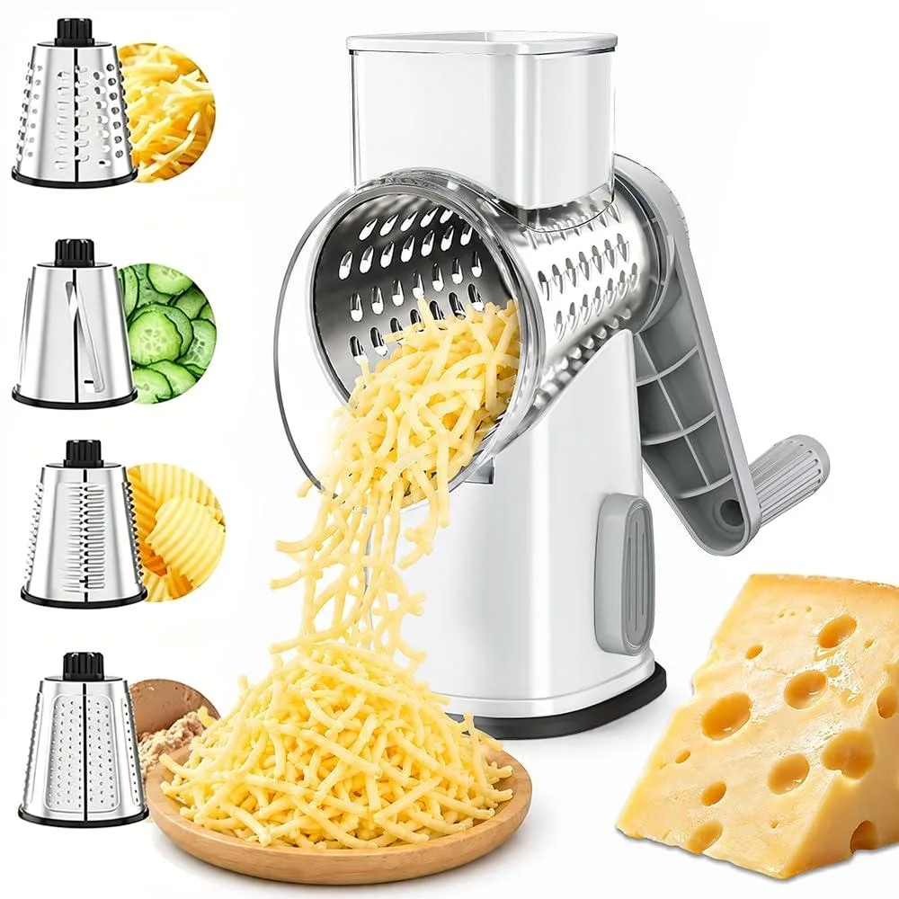 White grey rotary hand-crank grater with four stainless steel blades and suction base