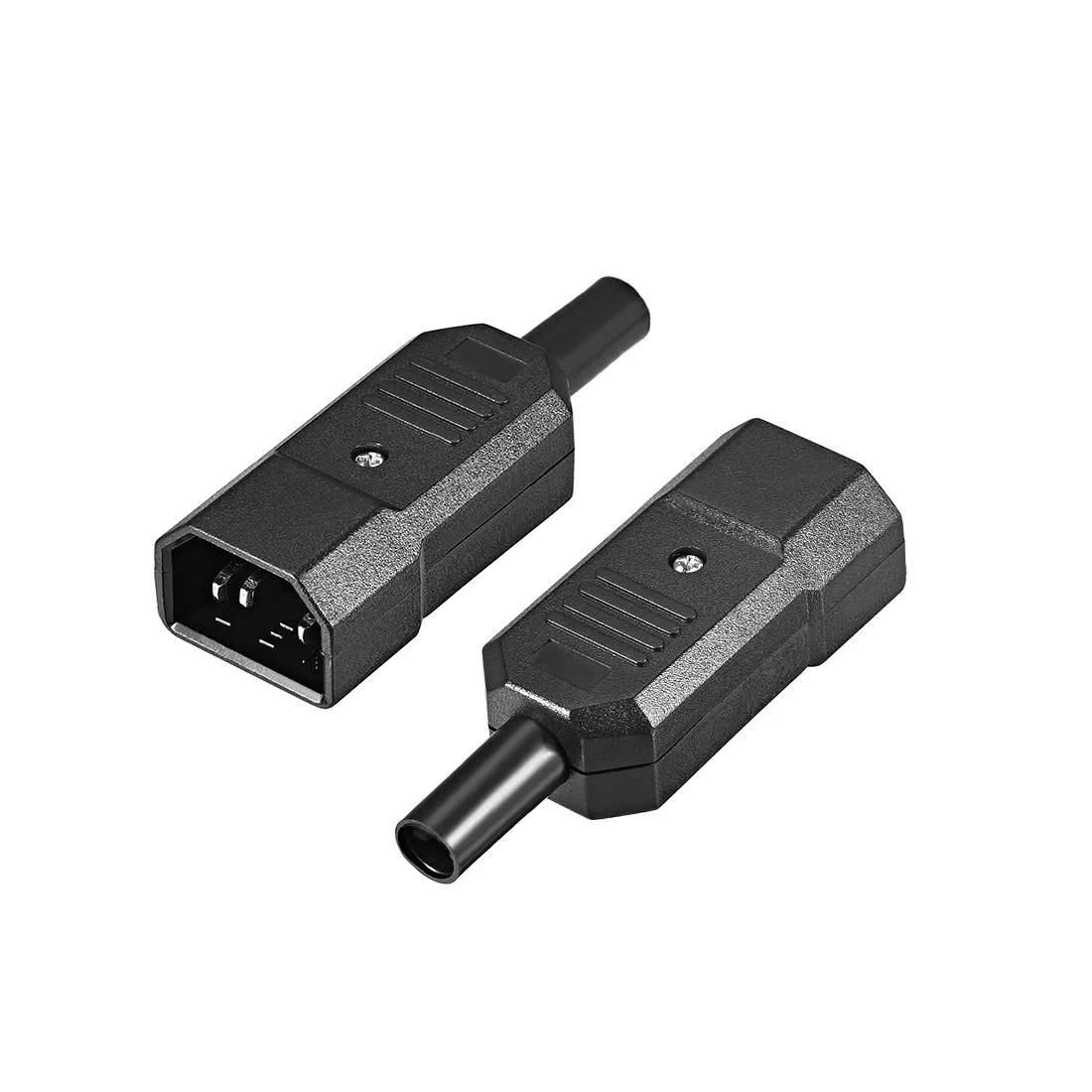 Two black IEC320 C14 panel mount plug adapters with three terminals