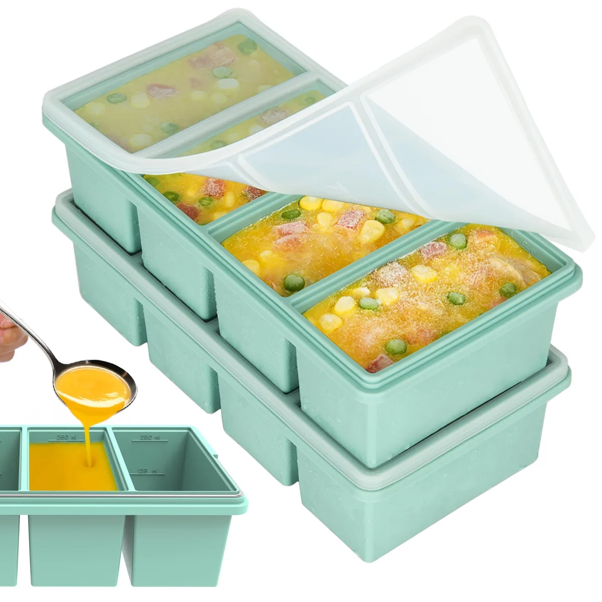 Two green silicone freezer trays with clear lids, stackable, rectangular, 9.45 x 4.84 x 2.34 inches