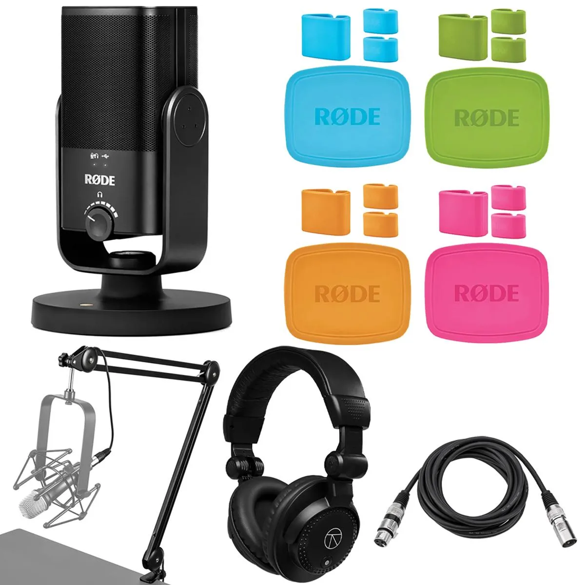 RODE Microphone RODE NT-USB Mini Bundle with Broadcast Arm, TAPH100 Headphones, Colored Caps, 10' XLR Cable — product photo