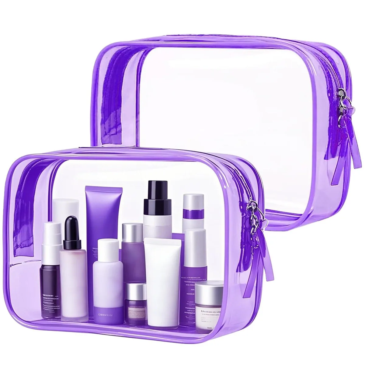Two translucent purple PVC toiletry bags with zippers, rectangular, 6.7 by 4.7 by 2.4 inches