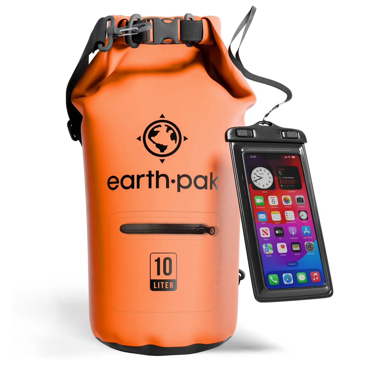 Orange 10 litre dry bag backpack with zippered front pocket and adjustable shoulder strap