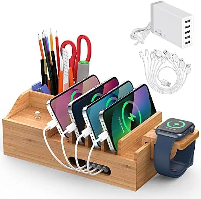 TAURKENAM TAURKENAM Bamboo 5-Port Charger Kit with 6 Cables Watch Stand — product photo