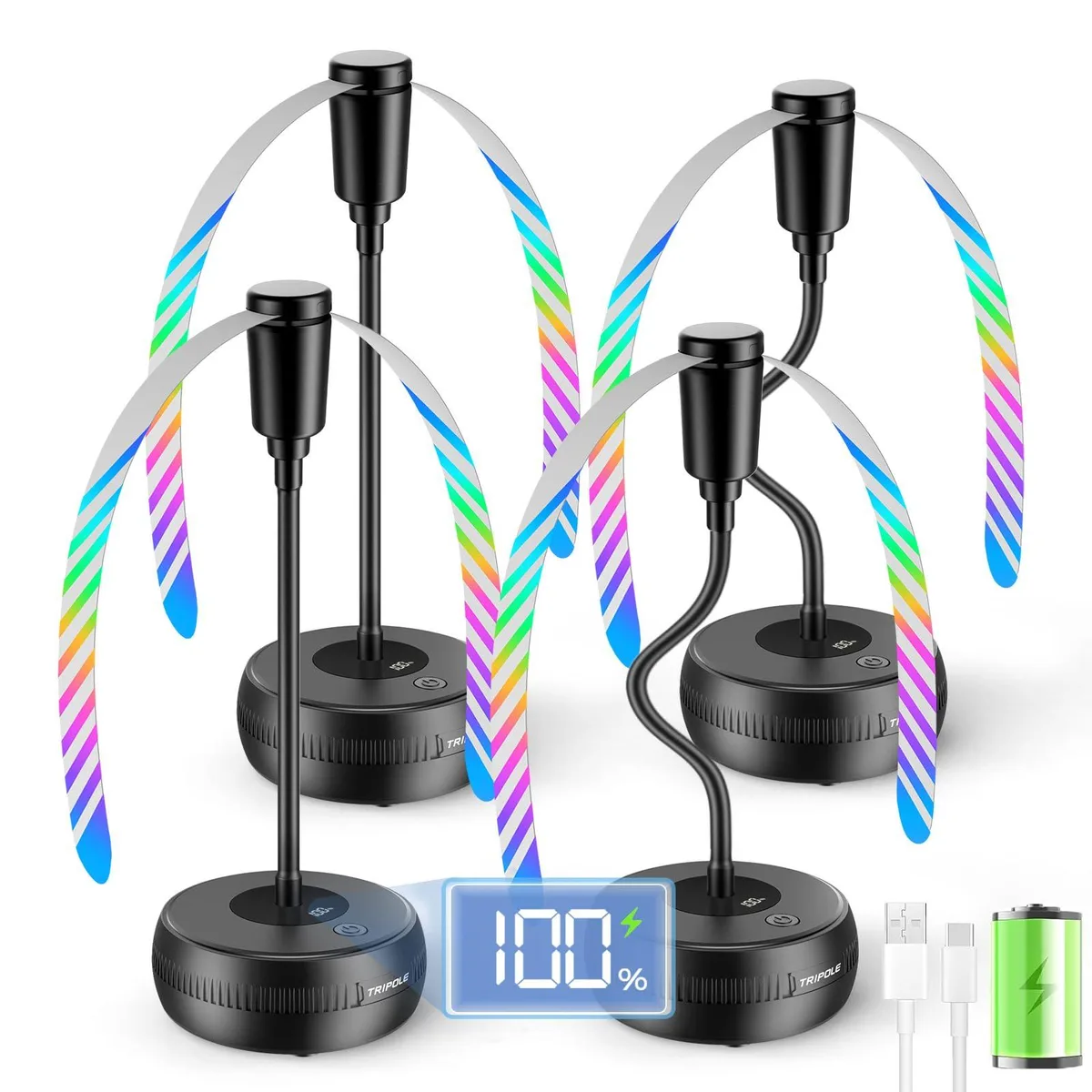 Four black tabletop fly fans with holographic blades, gooseneck stems and USB-C cords
