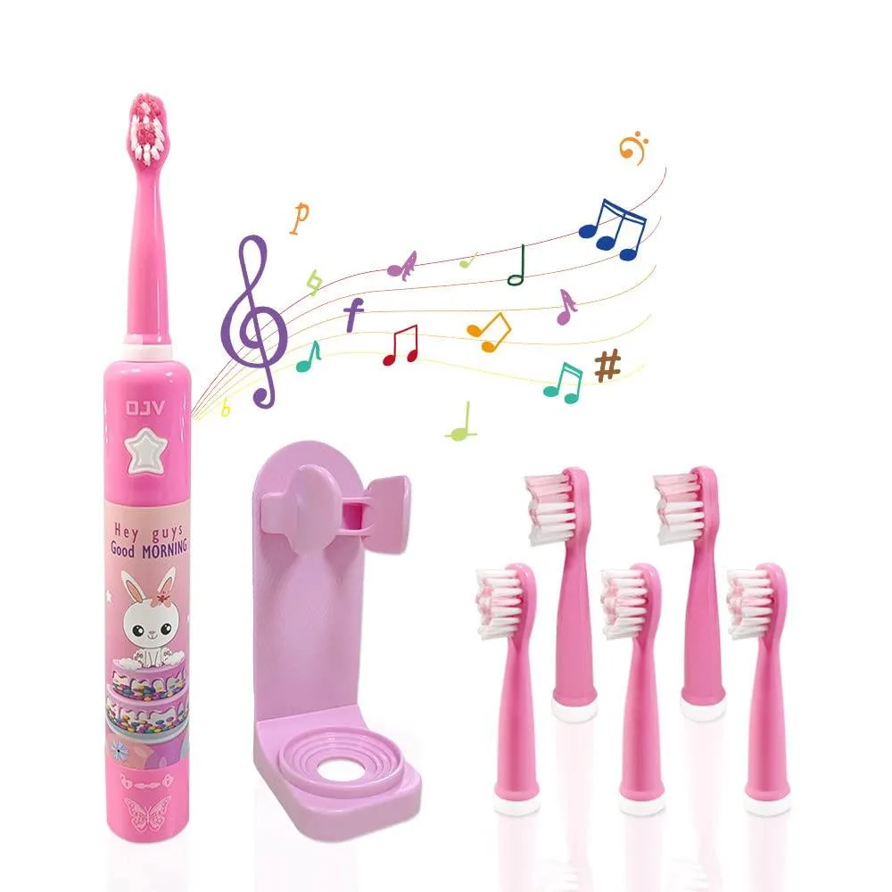 Pink plastic electric toothbrush with wall-mounted holder and multiple brush heads