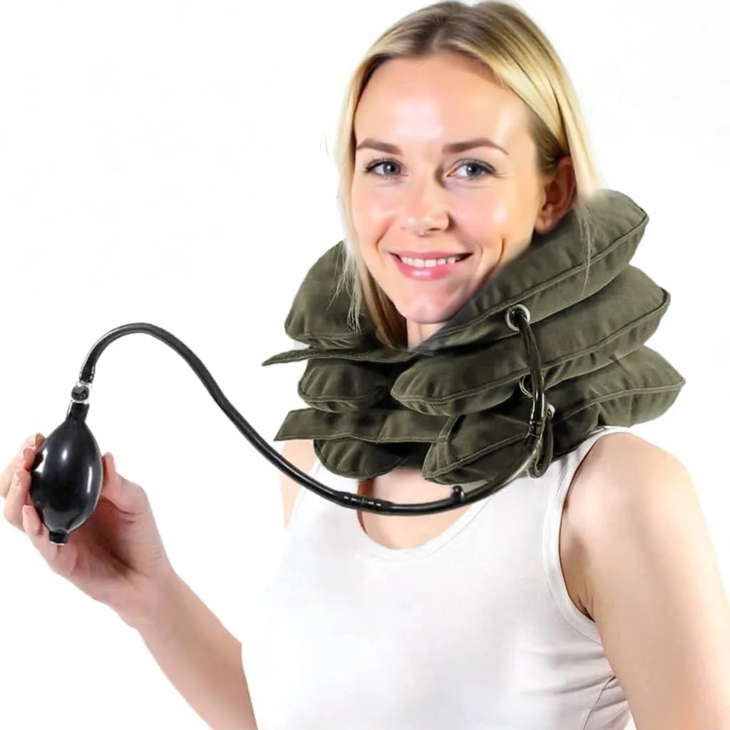 Gray inflatable neck brace with three air chambers and dual Velcro straps