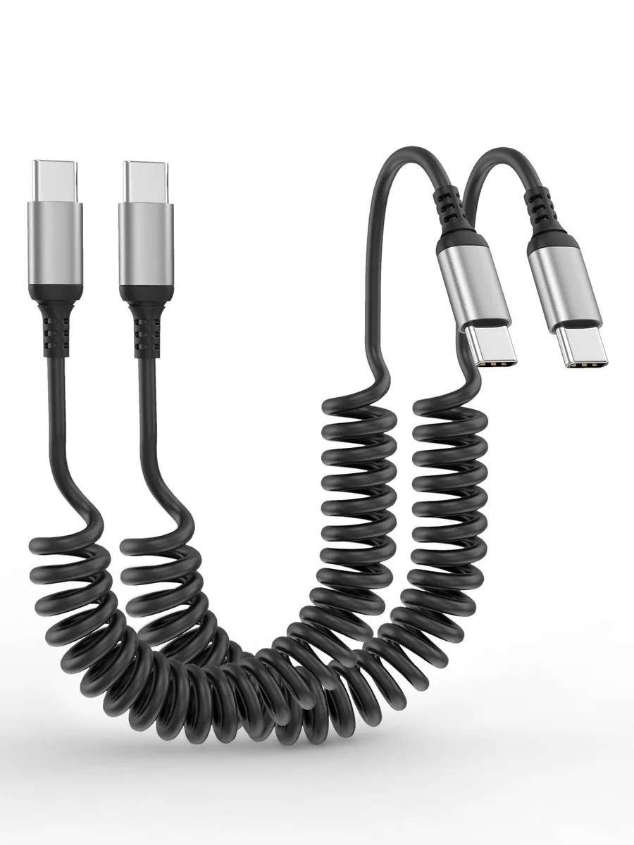 Two black coiled USB-C to USB-C cables shown extended and retracted