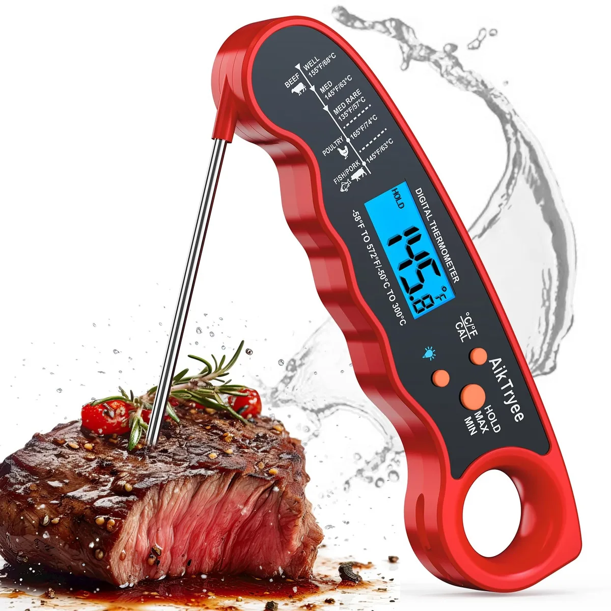 Red digital instant-read thermometer with long stainless steel probe