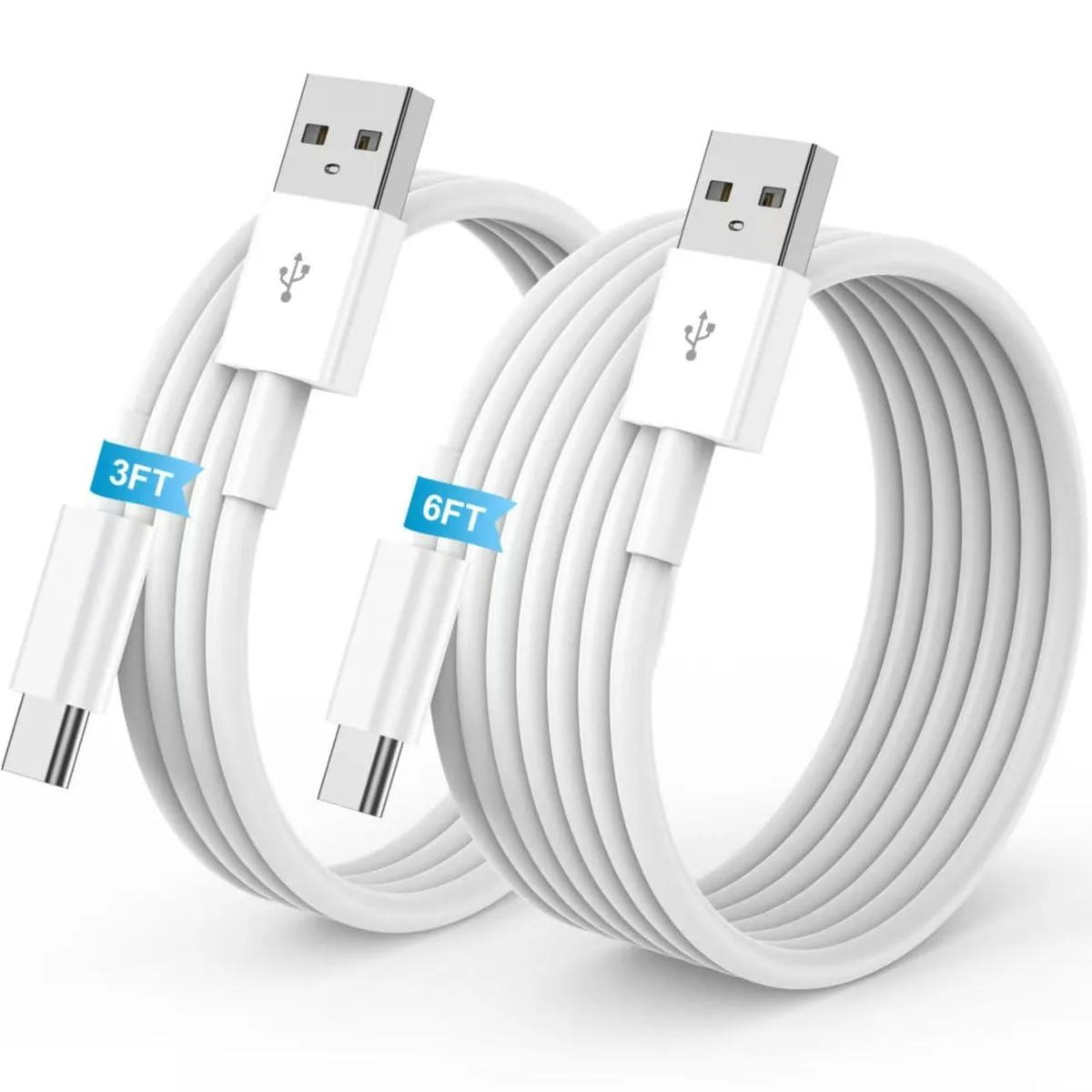 Two white USB-A to USB-C cables, 3ft and 6ft lengths