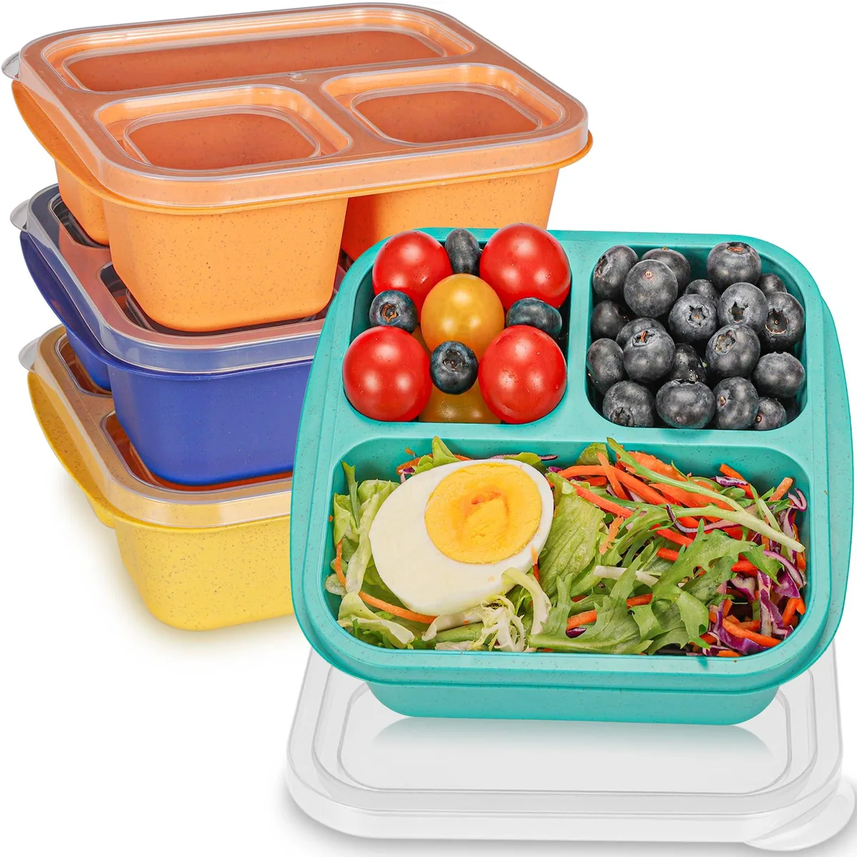 Set of four wheat straw bento boxes with three compartments each in bright yellow finish
