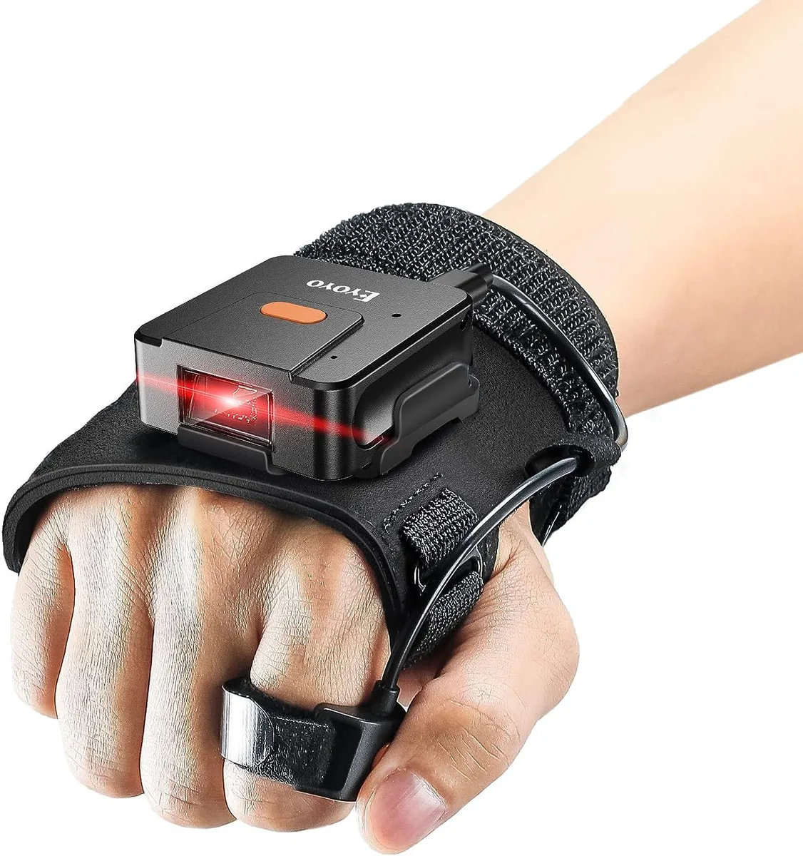 A wearable glove with a ring-mounted barcode scanner and retractable lanyard