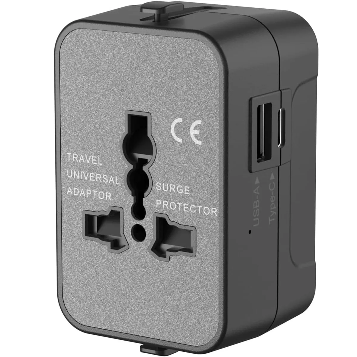 Compact black and grey travel adapter with sliding plug mechanisms and USB ports
