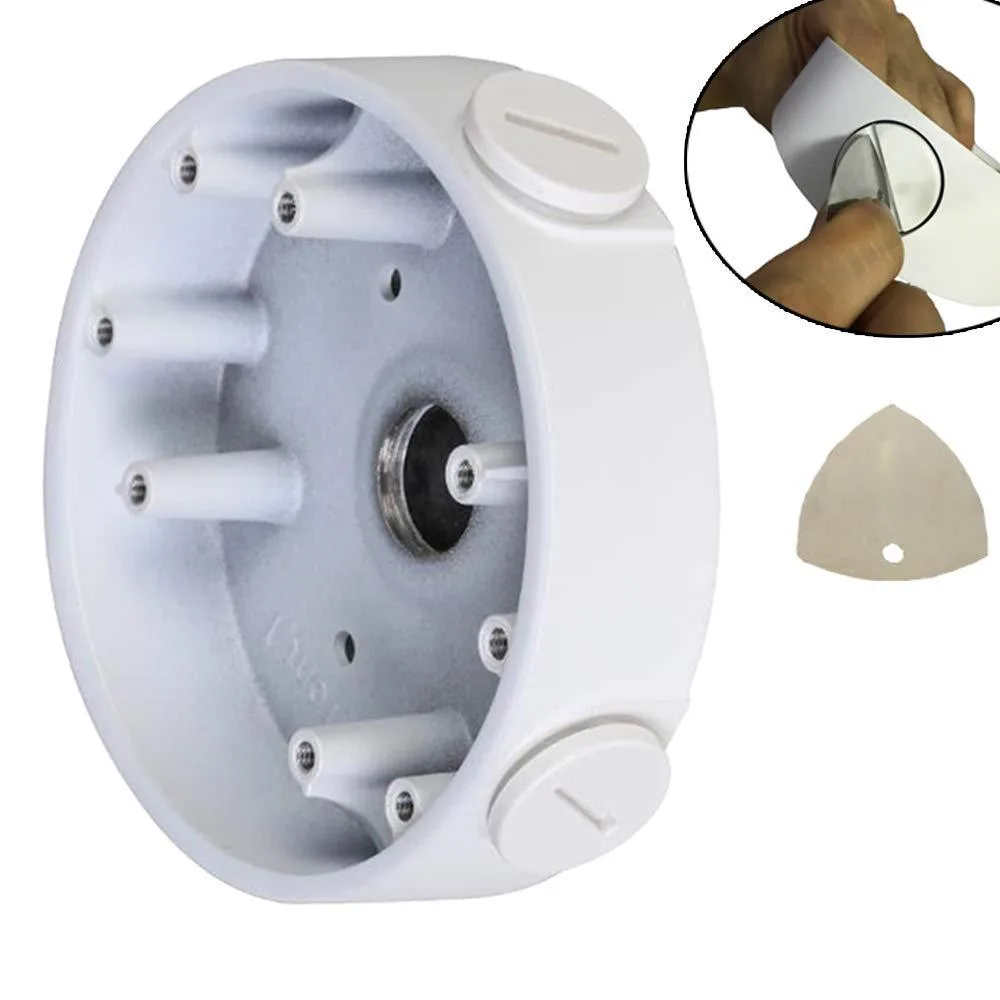 White aluminium junction box for IP cameras, compact cylindrical shape with threaded opening