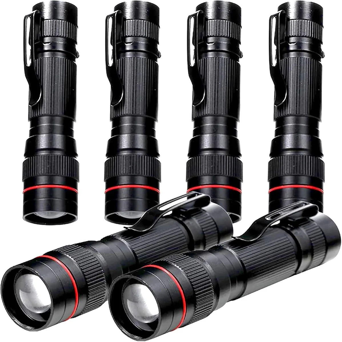 Six silver aluminium mini flashlights with pocket clips and zoomable heads