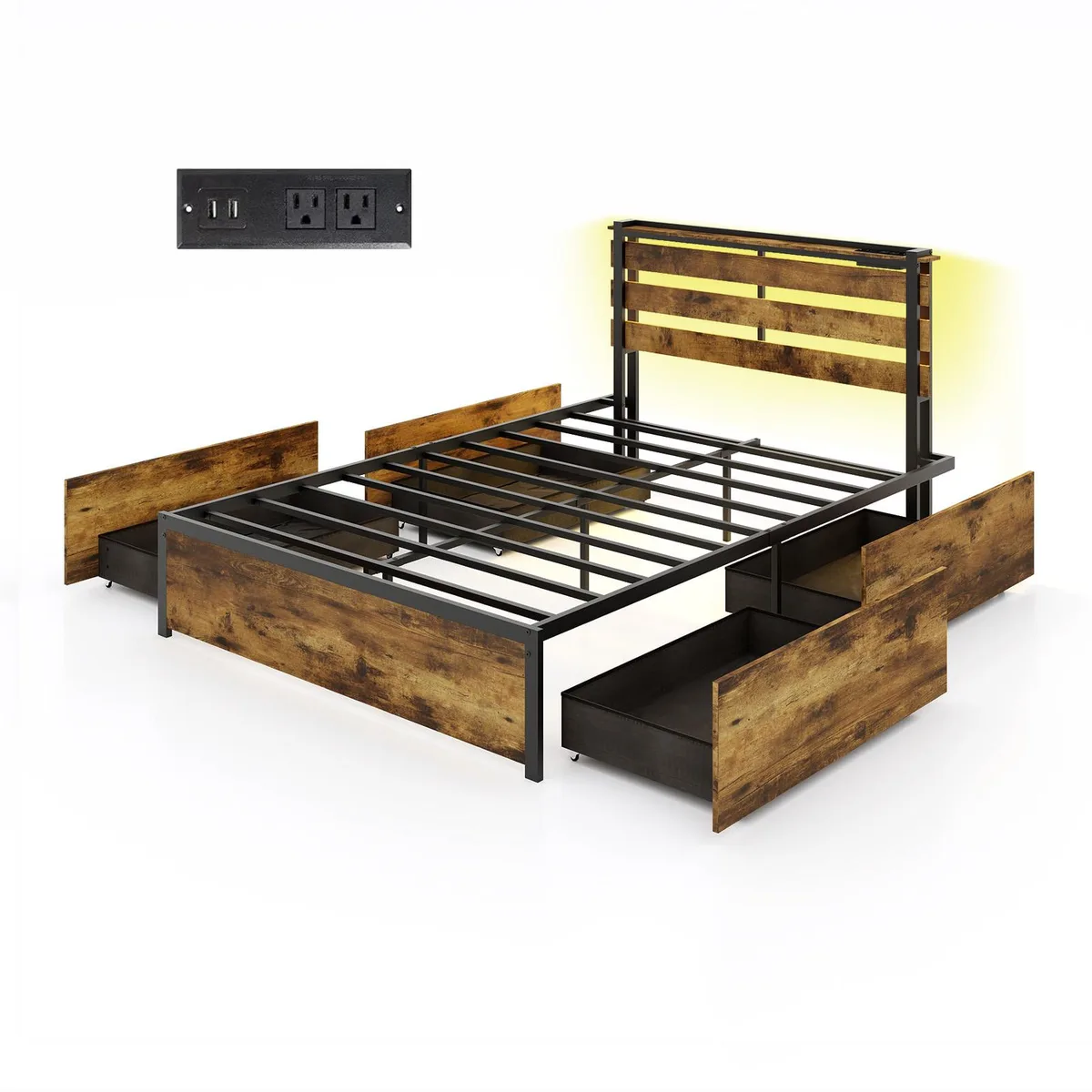 SlickBlue SlickBlue Full Bed Frame with Drawers LED USB Brown — product photo