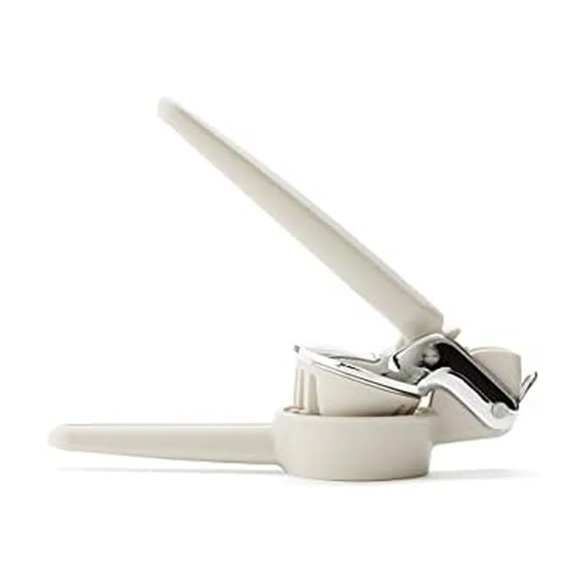 Taupe hand-held slicer with stainless steel serrated blades, manual squeeze operation