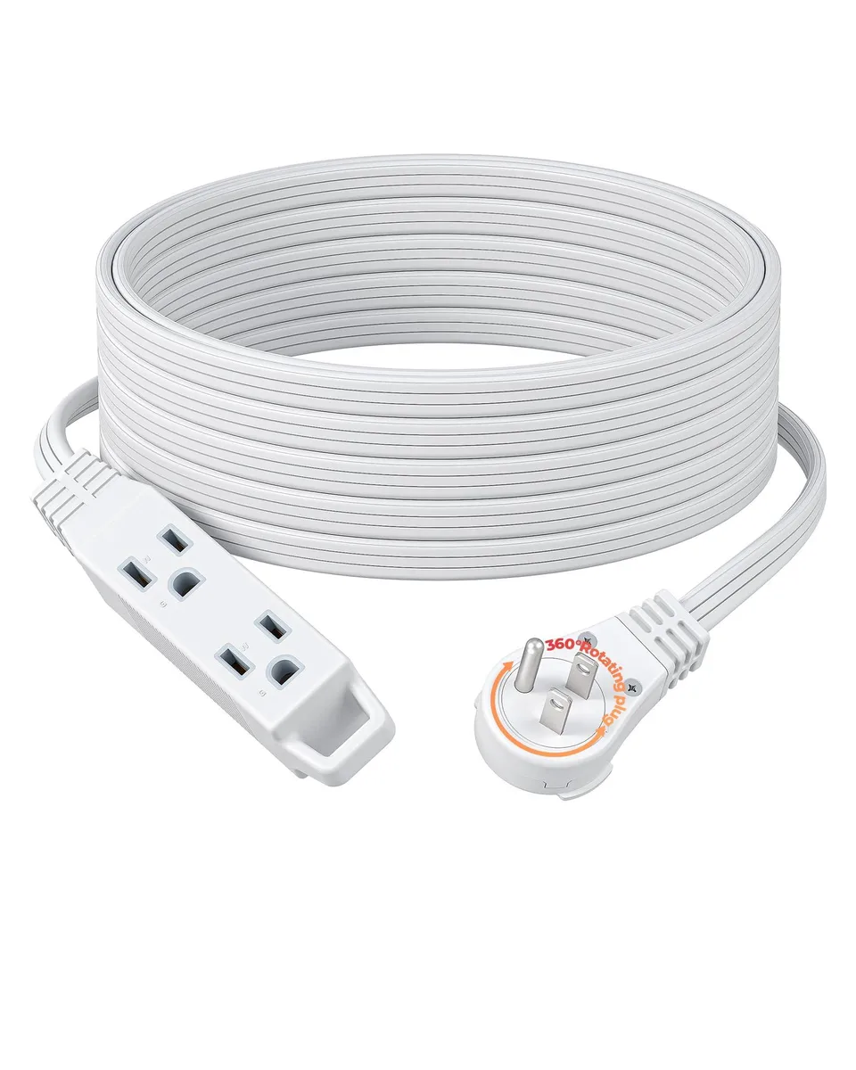 DEWENWILS LA004N 25FT Flat Plug Extension Cord 360° Rotating Plug 13A 125V 1625W 16AWG SPT-3 White — product photo