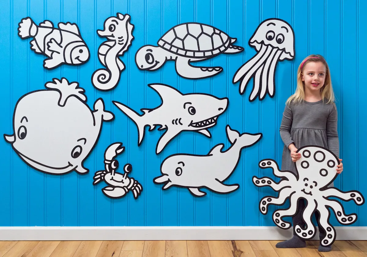 Large black-and-white ocean animal wall decals snapping on and off