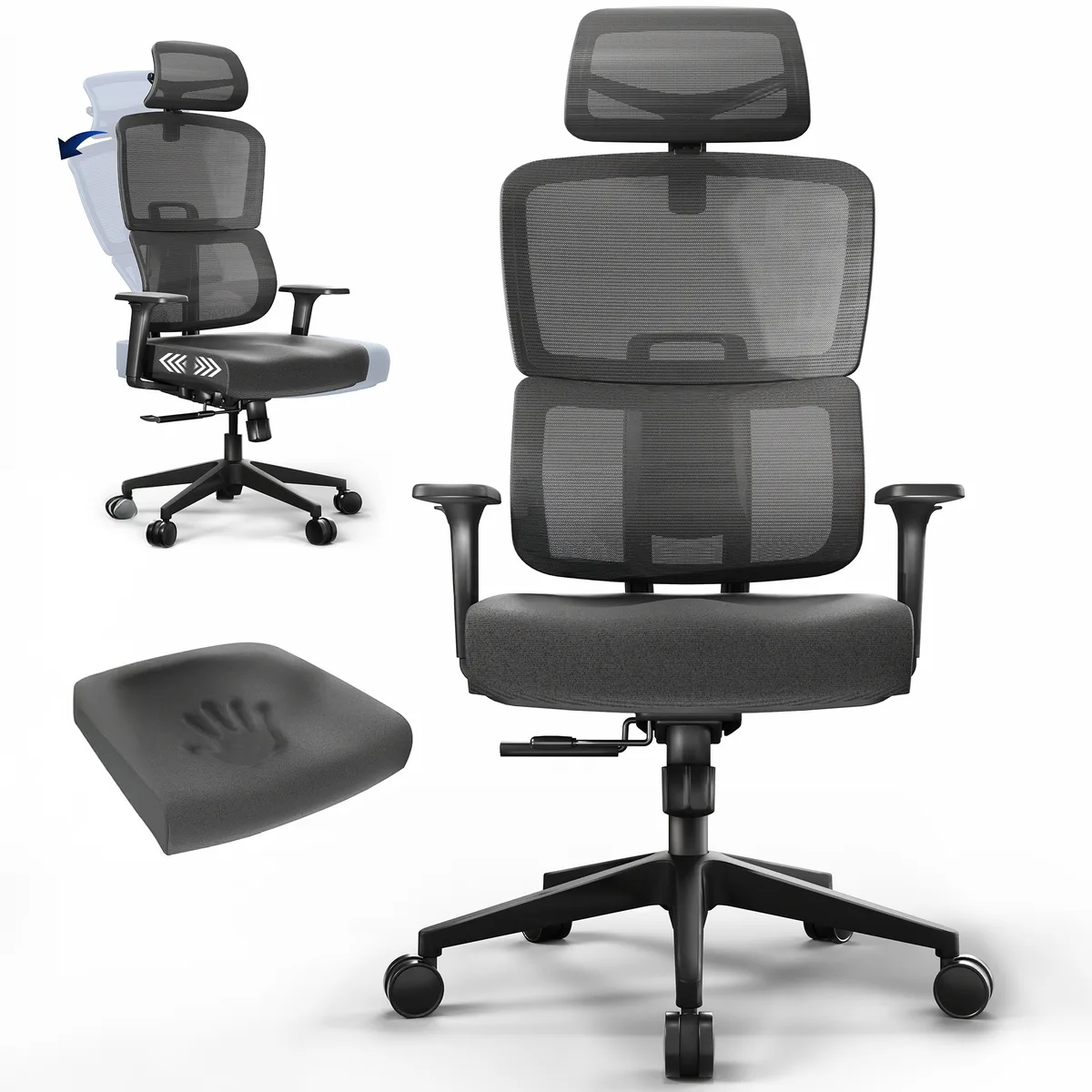 Black mesh ergonomic office chair with adjustable headrest, lumbar support, armrests and five caster base