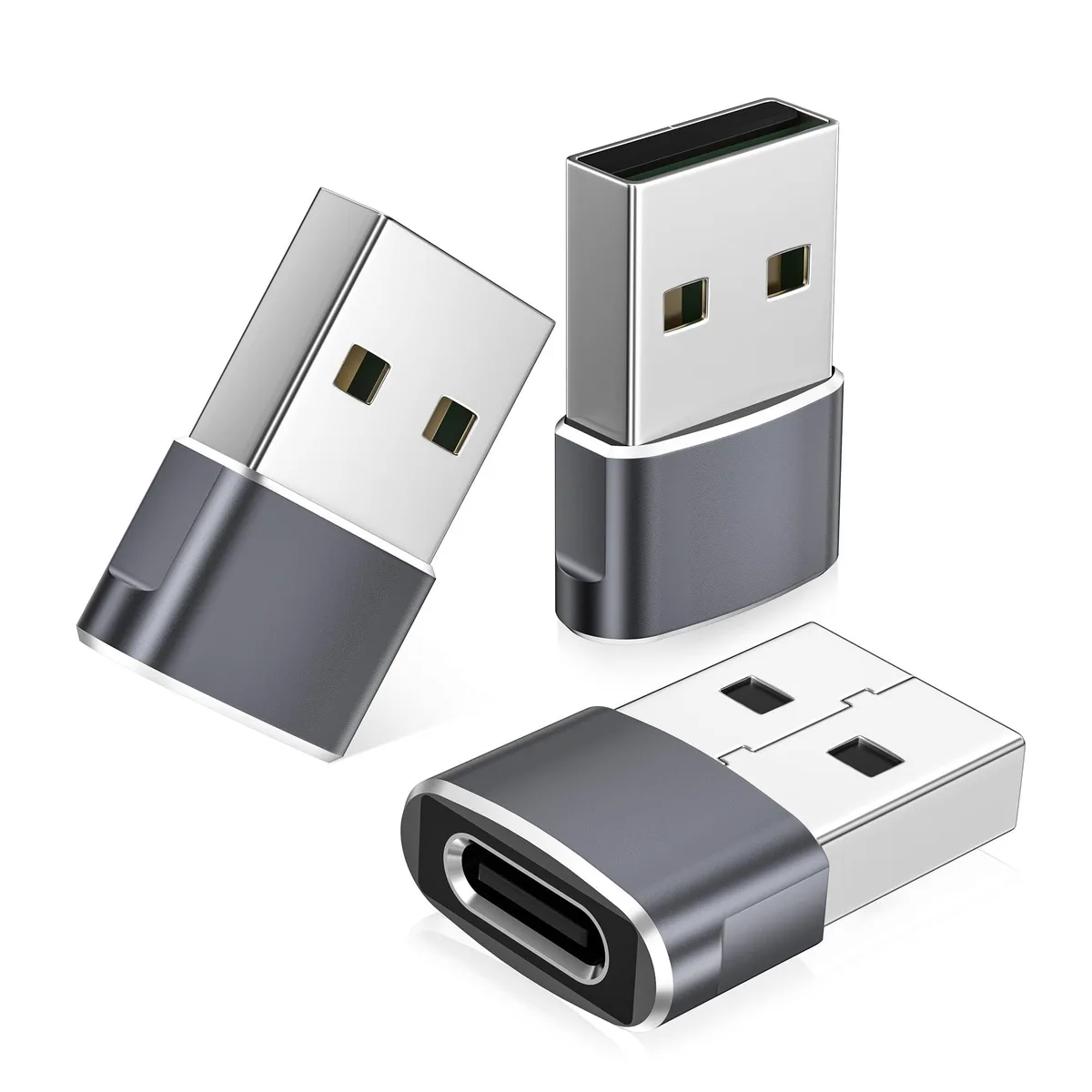 Gray USB-A male to USB-C female adapter, aluminum alloy body, compact low-profile design