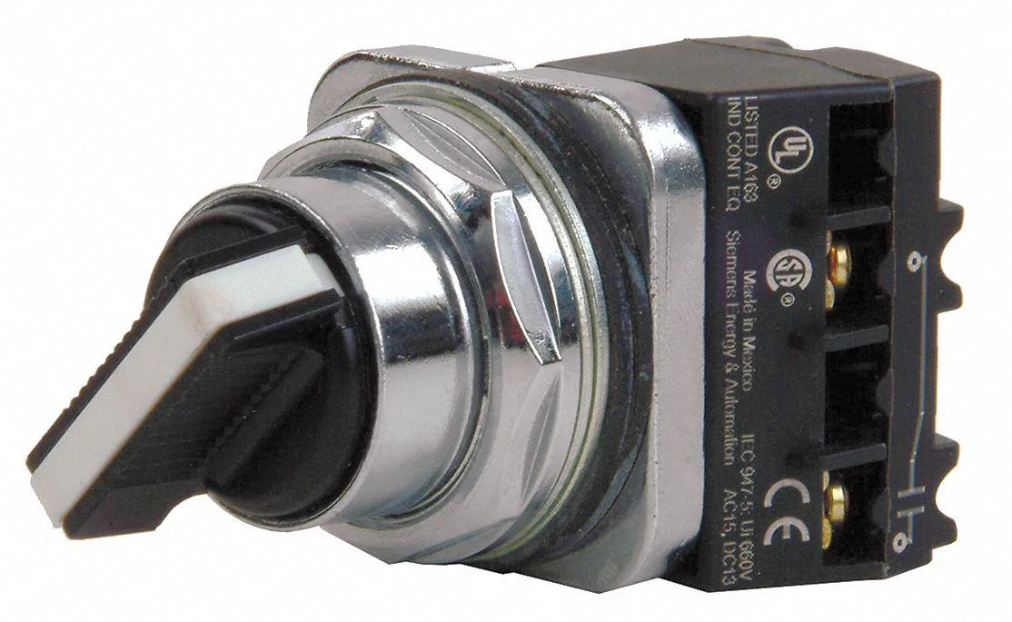 Black 30 mm selector switch with extended lever and metal bezel