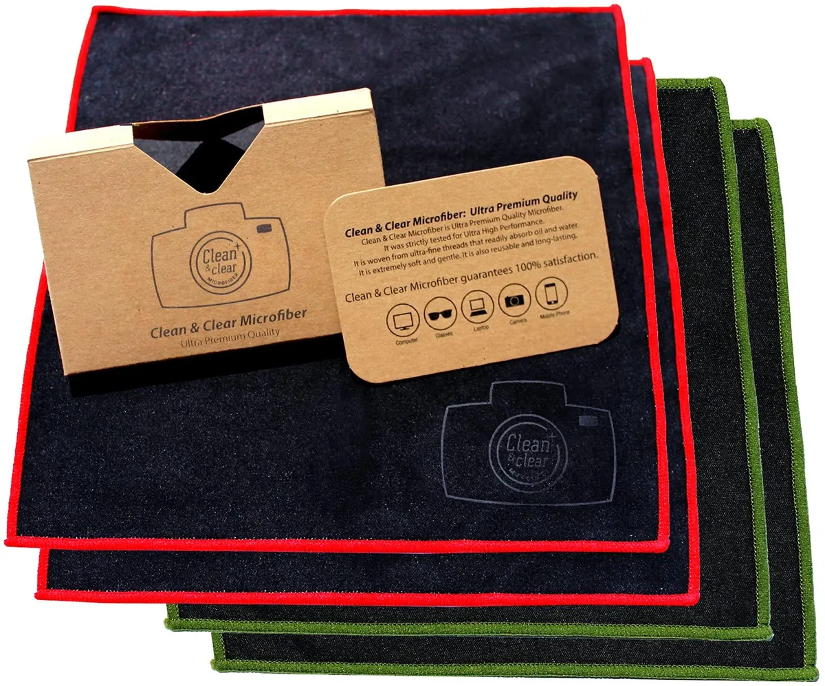 Four square microfiber cloths in paper cases, 8.0 inches each