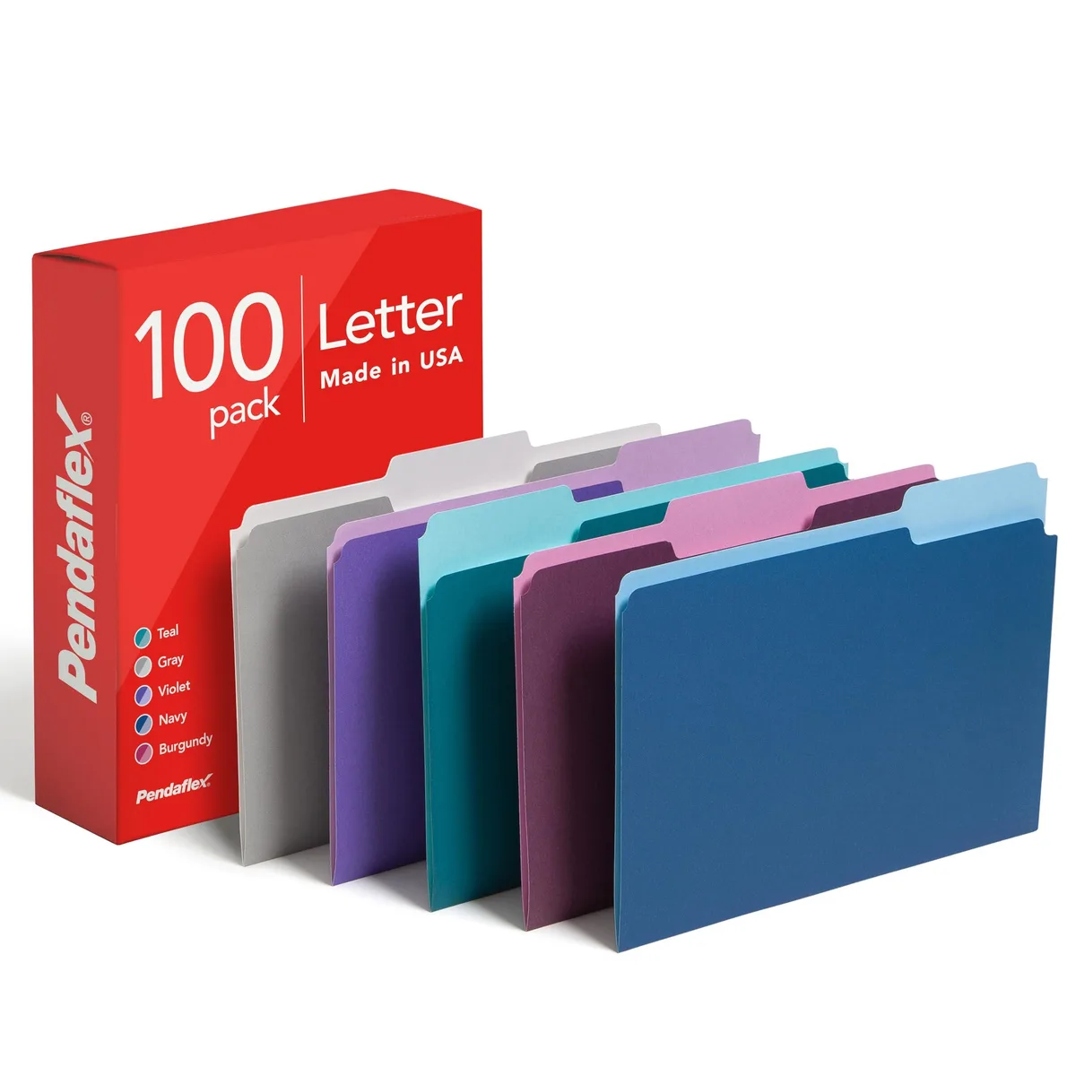 Box of 100 letter-size file folders in assorted jewel tones with 1/3-cut tabs