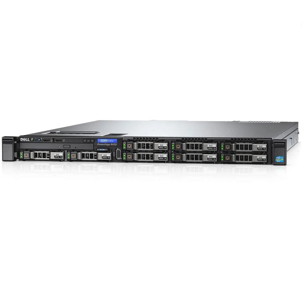 Silver 1U rack server with eight 2.5-inch drive bays and redundant power supply